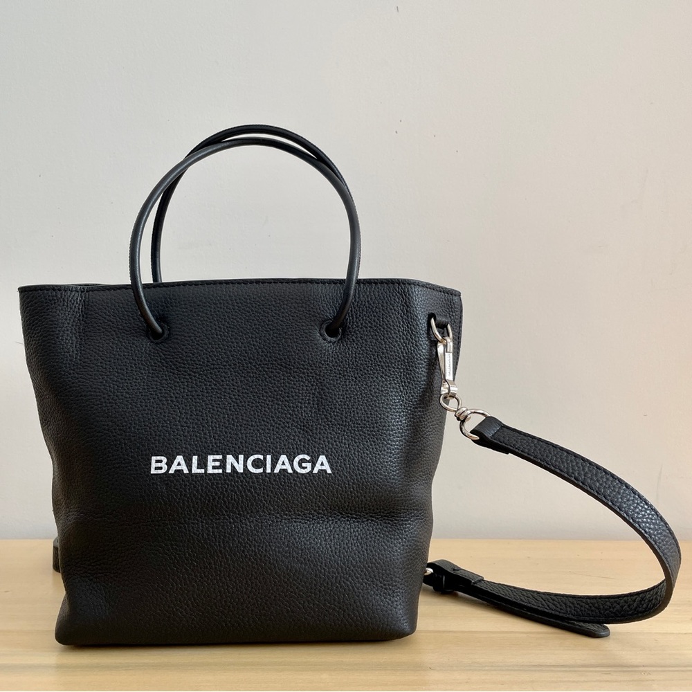 Balenciaga Black Pebbled Leather Crossbody Tote with White Logo